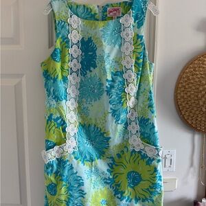 Lilly Pulitzer Vintage Blue and Green Sheath Mini Dress w/ Pockets